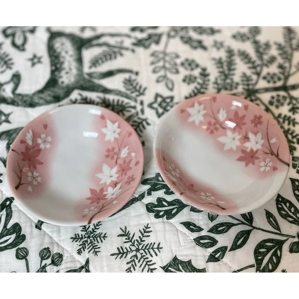 Vintage made in Japan Cherry Blossom Dish Plate Set For‎ 2 Blue & Pink Bamboo